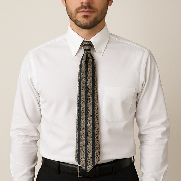 Claiborne Silk Tie Navy Gold Baroque Stripe Vintage 1990s–2000s Men’s Necktie - Picture 5 of 5